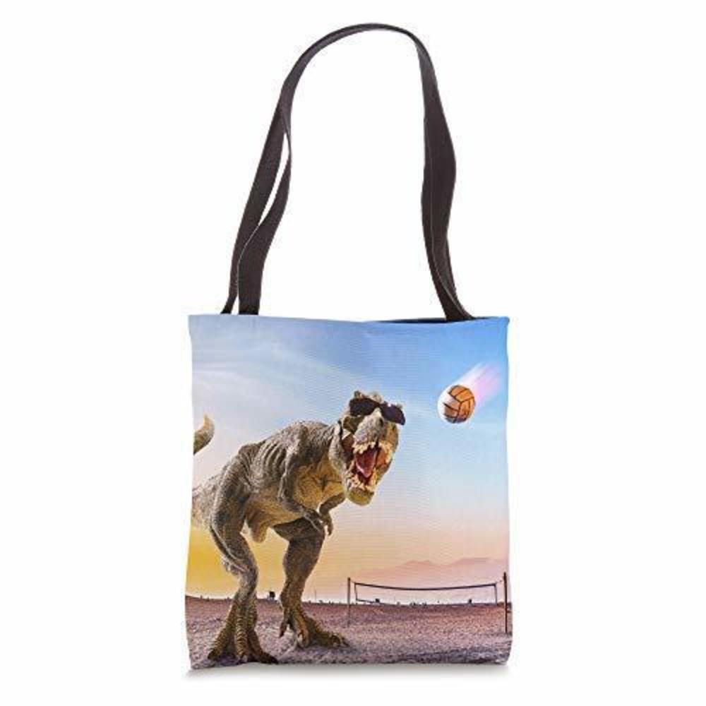 Funny T-Rex Dinosaur Playing Volleyball Tote Bag :]